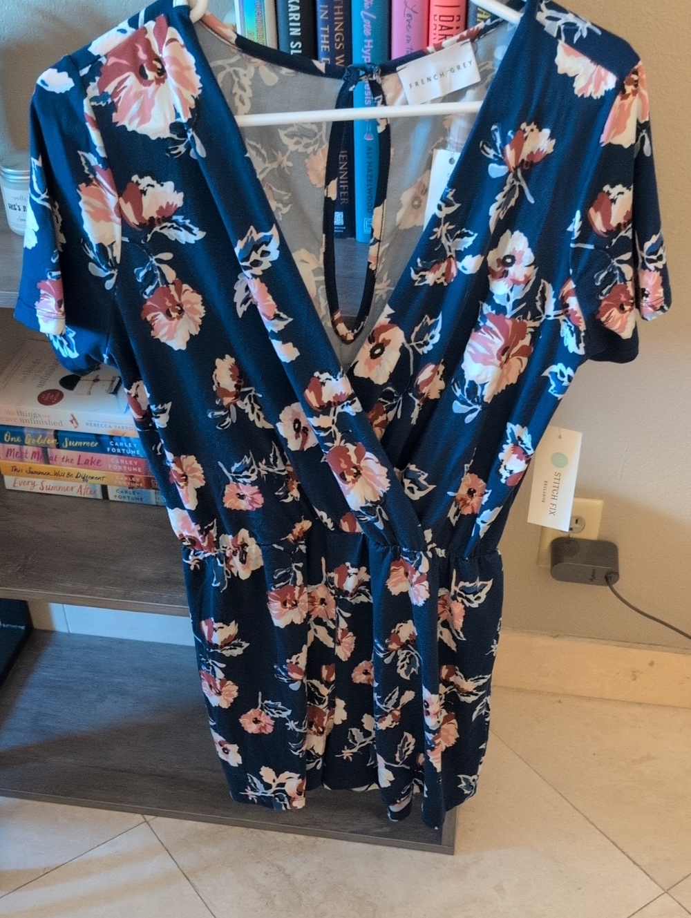 French Grey Navy Floral Romper with Pink and Cream Blooms